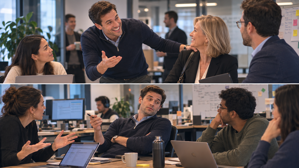 Two photos of coworkers in a modern office: In the top, a man gestures and smiles while talking to colleagues. In the bottom, team members sit at a desk, discussing with laptops and notes visible.