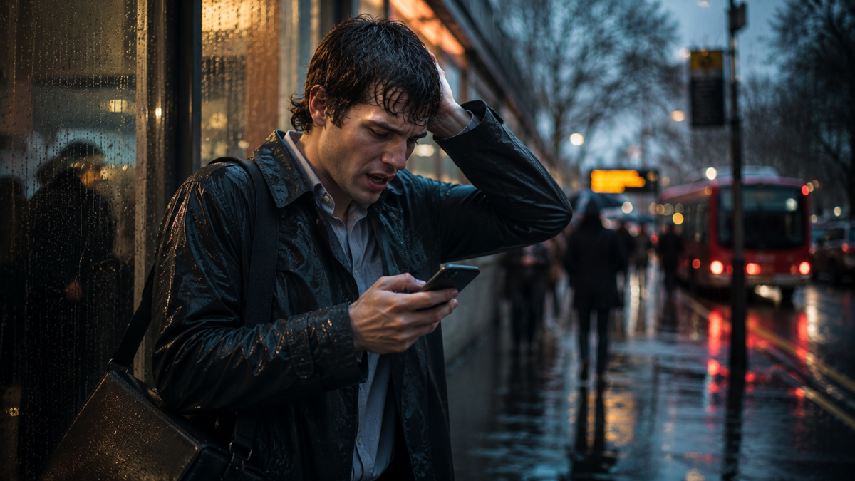 A man in wet clothes stands on a rainy city street at dusk, looking stressed as he checks his phone. People and a red bus are visible in the blurred background.