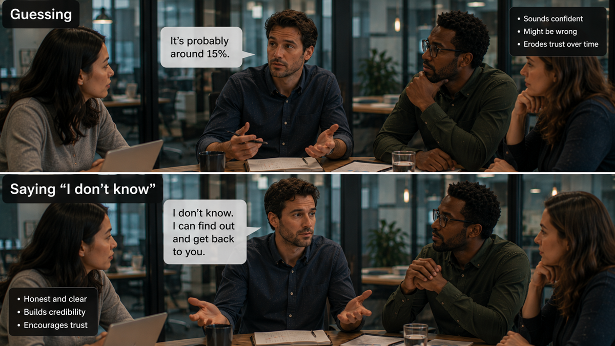 A man in a meeting first guesses a number, then honestly admits he doesn’t know. The image contrasts the effects of guessing versus admitting uncertainty on trust and confidence in discussions.