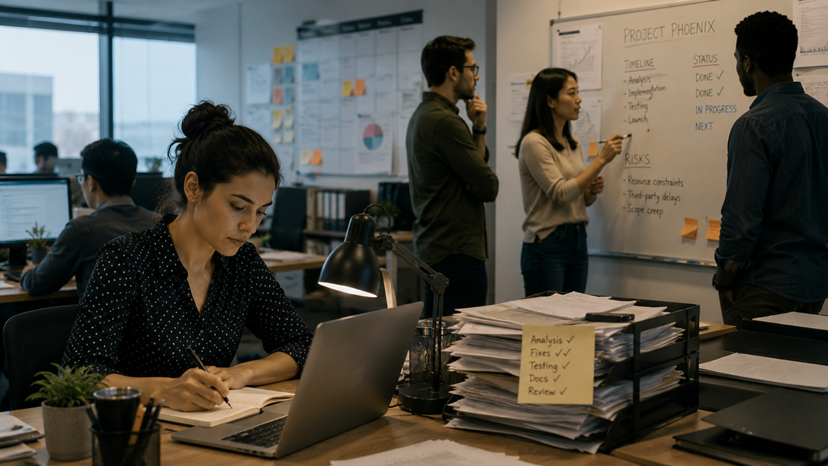 A woman writes at her desk with a laptop while four colleagues discuss and write on a whiteboard labeled “Project Phoenix” in a modern office filled with documents and folders.