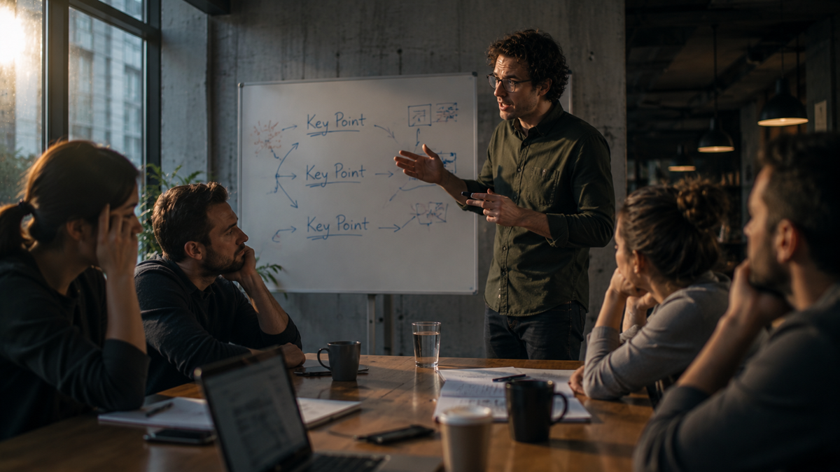 A man stands by a whiteboard explaining a diagram to four people seated at a table in a dimly lit office. Laptops, papers, and glasses of water are on the table. The group listens attentively.