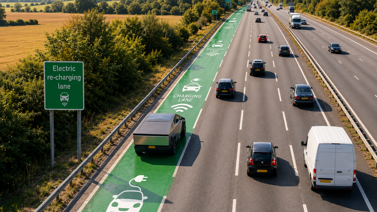 Cars drive on a highway with special green charging lanes for electric vehicles, marked with icons and a sign reading “Electric re-charging lane.” Fields and trees line the road.