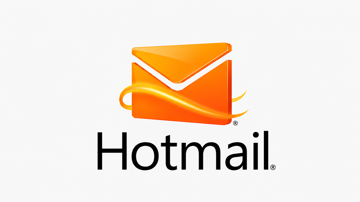 The Hotmail logo features an orange envelope with a swoosh, above the word “Hotmail” in bold black letters, all on a white background.