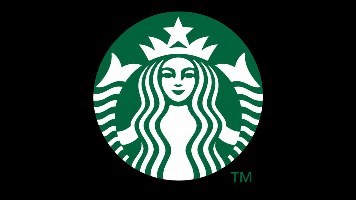 Green and white Starbucks logo featuring a crowned twin-tailed siren inside a circle, set against a black background.