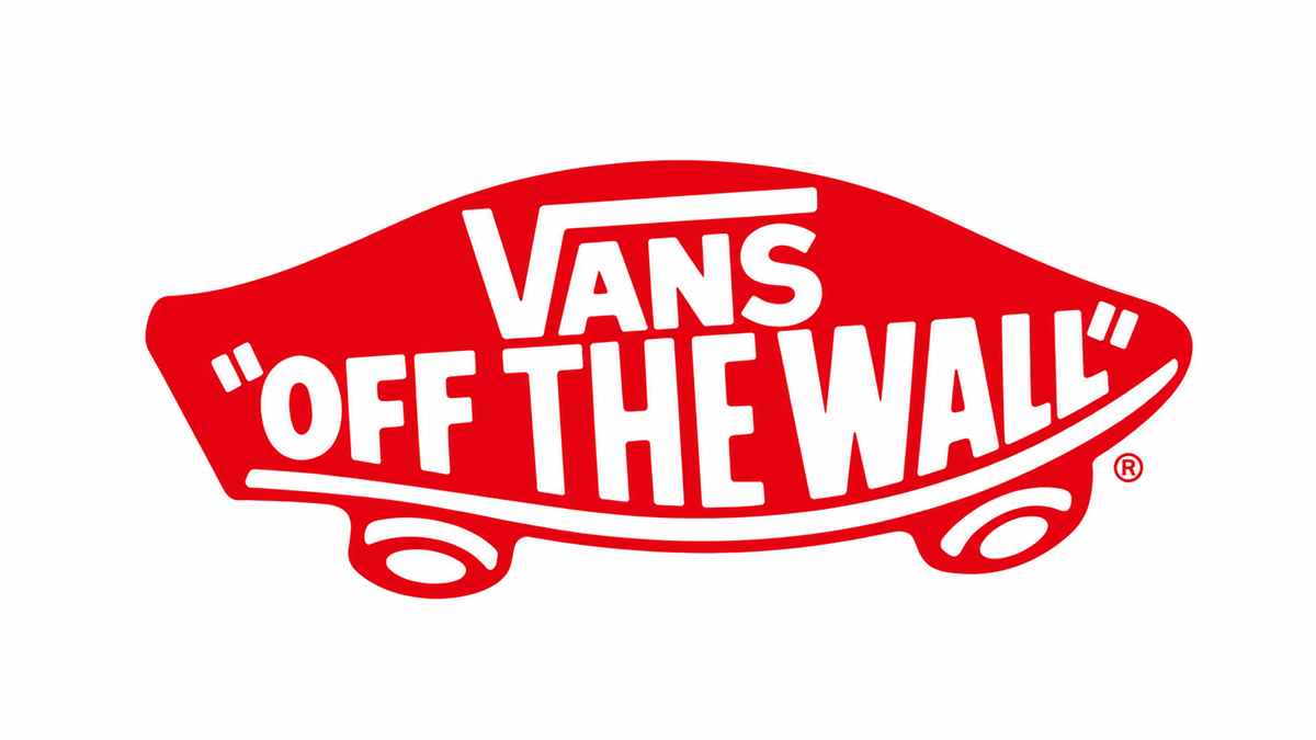 Red Vans logo shaped like a skateboard, displaying the text “Vans Off The Wall” in bold white letters.