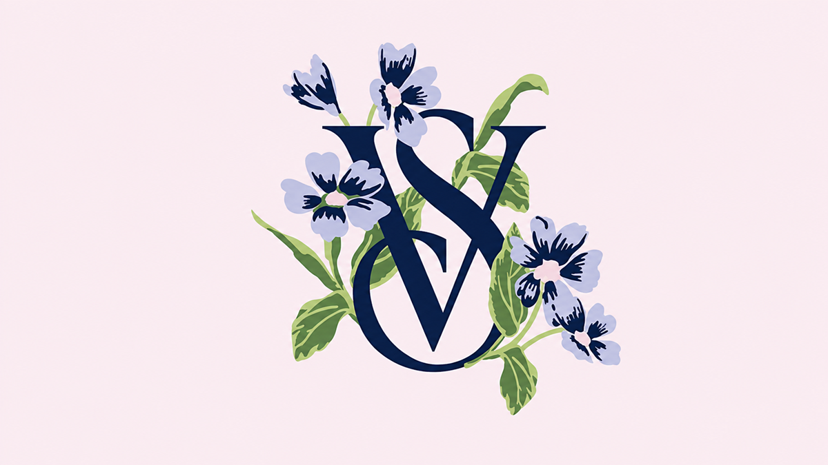Navy blue letters “S” and “V” are intertwined and surrounded by illustrated purple flowers and green leaves on a pale pink background.