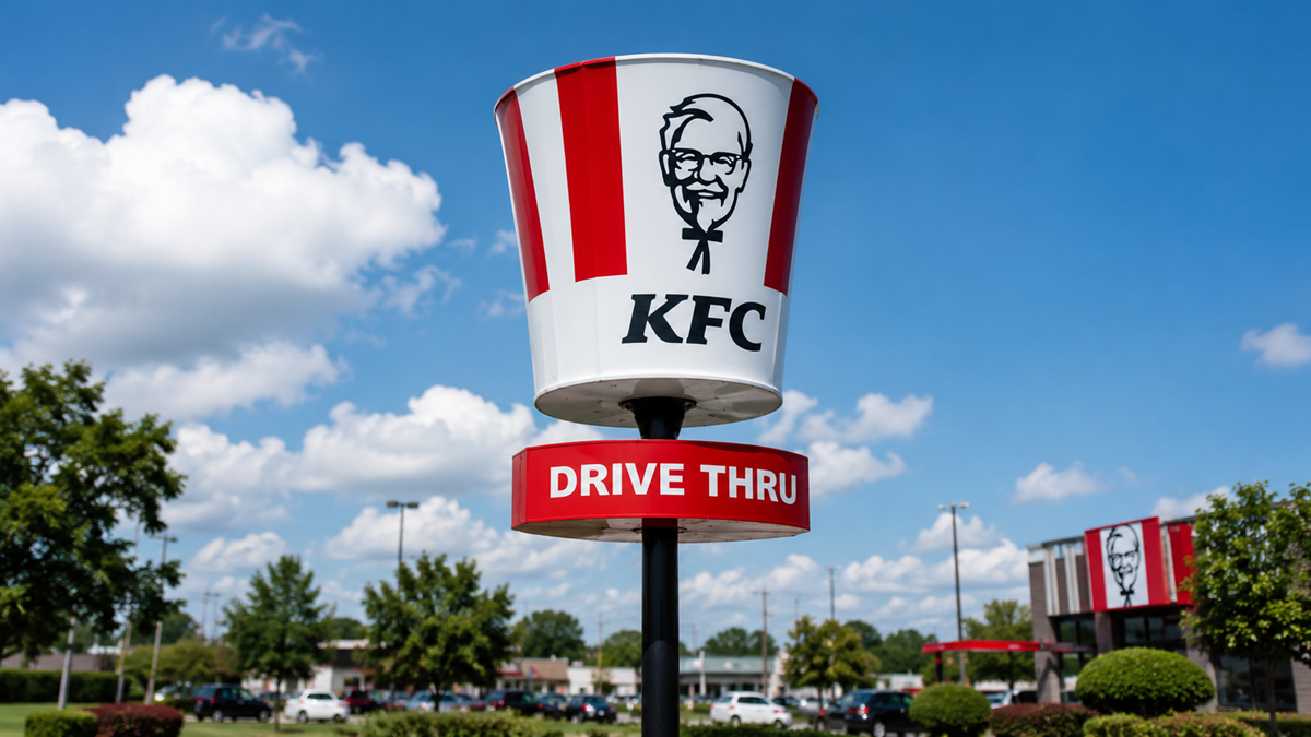 Companies. A large KFC bucket sign with Colonel Sanders’ face and “DRIVE THRU” text stands outside, with trees, cars, and a KFC restaurant visible under a blue sky with clouds.