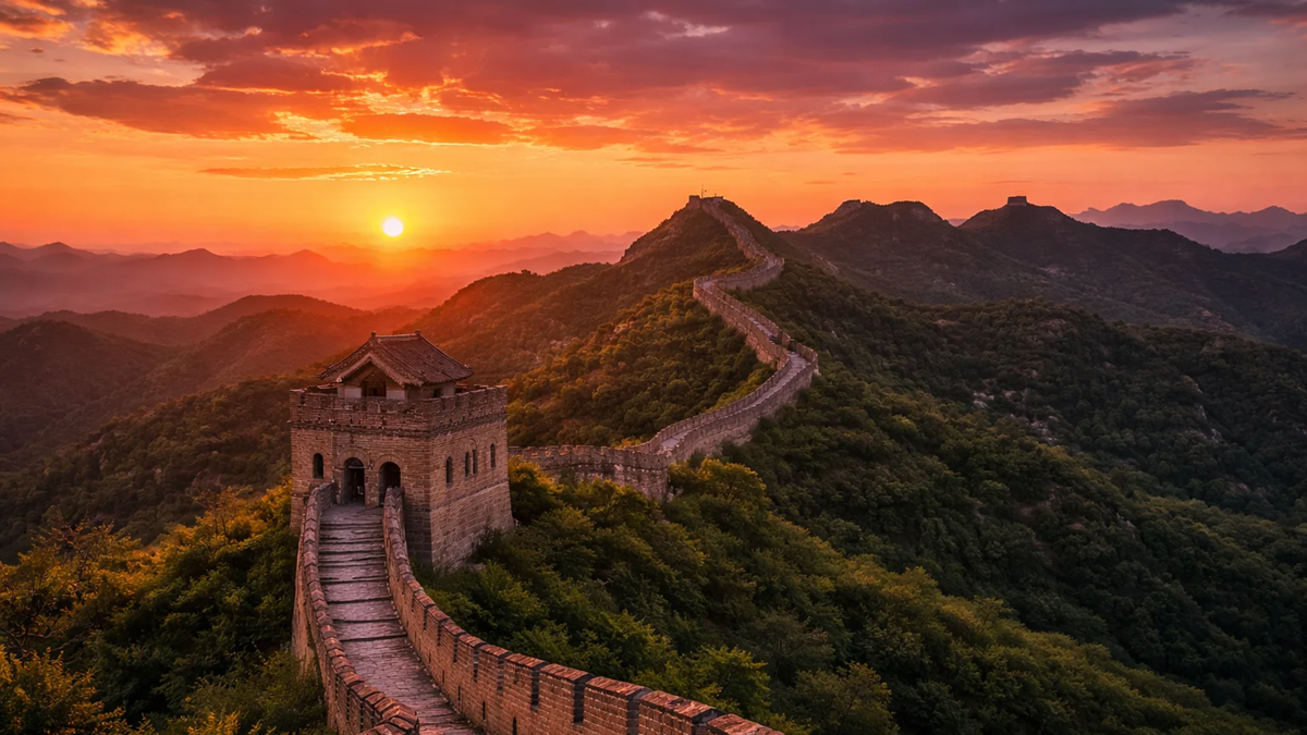 The Great Wall of China winds over green hills under a vibrant orange sunset sky with the sun low on the horizon.
