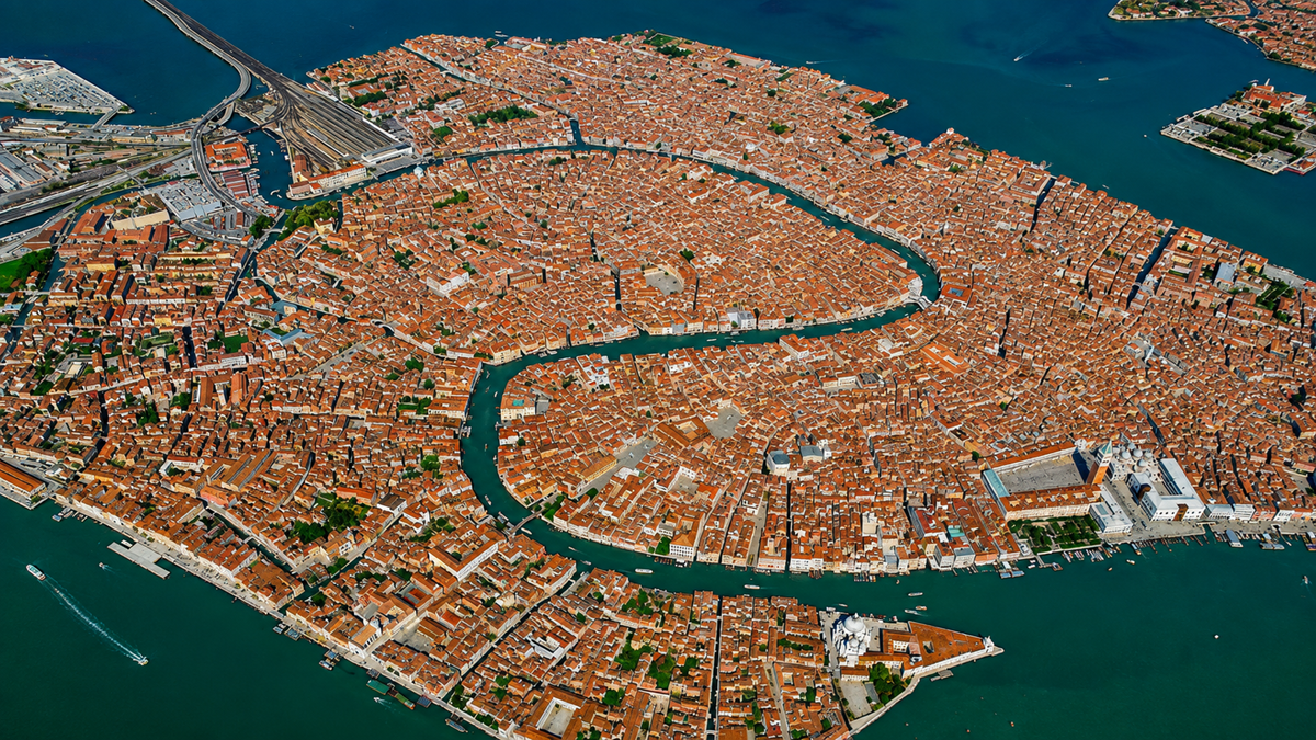 Aerial view of Venice, Italy, showing winding canals, dense orange-roofed buildings, and surrounding blue-green water.