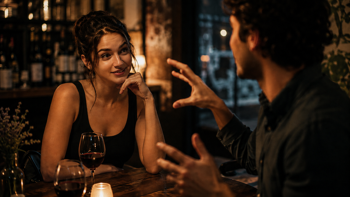 First date. A woman and man sit at a dimly lit table with glasses of red wine, engaged in conversation. The woman smiles and listens intently while the man gestures animatedly with his hands.