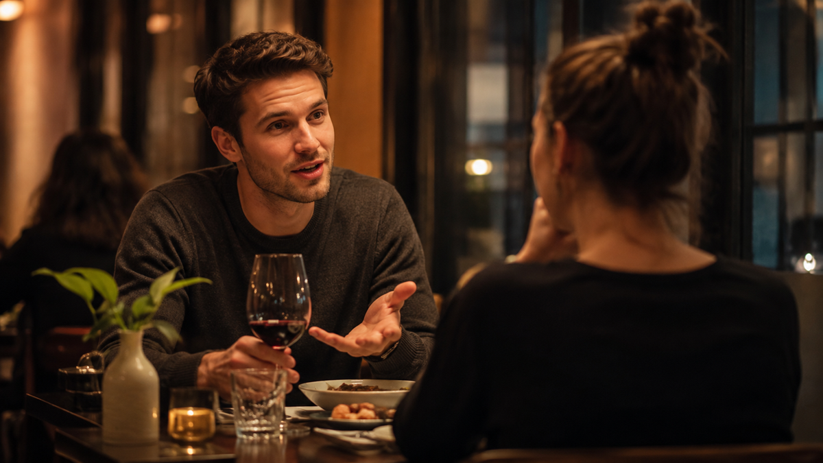 A man and woman sit across from each other at a restaurant table, talking. The man gestures with his hand while holding a glass of red wine. Warm lighting and a plant are visible on the table.