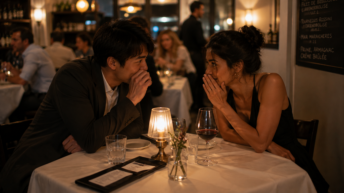 A man and woman sit at a candlelit restaurant table, leaning in and whispering to each other with smiles. There are drinks, menus, and a flower vase on the table, and other diners are visible in the background.