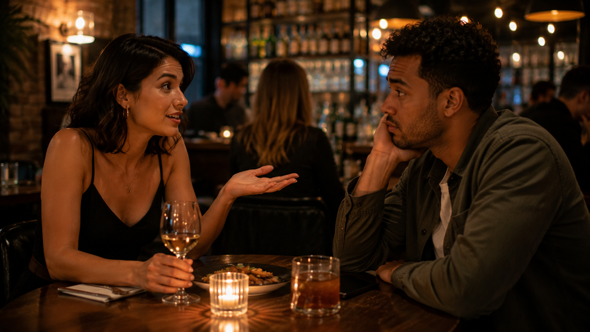 A woman and a man sit at a candlelit restaurant table, talking. She gestures expressively while holding a wine glass; he listens with his head resting on his hand. Food and drinks are on the table.