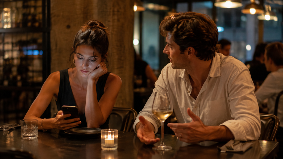 A woman looks at her phone while a man gestures, talking to her at a dimly lit restaurant table with drinks and a candle.
