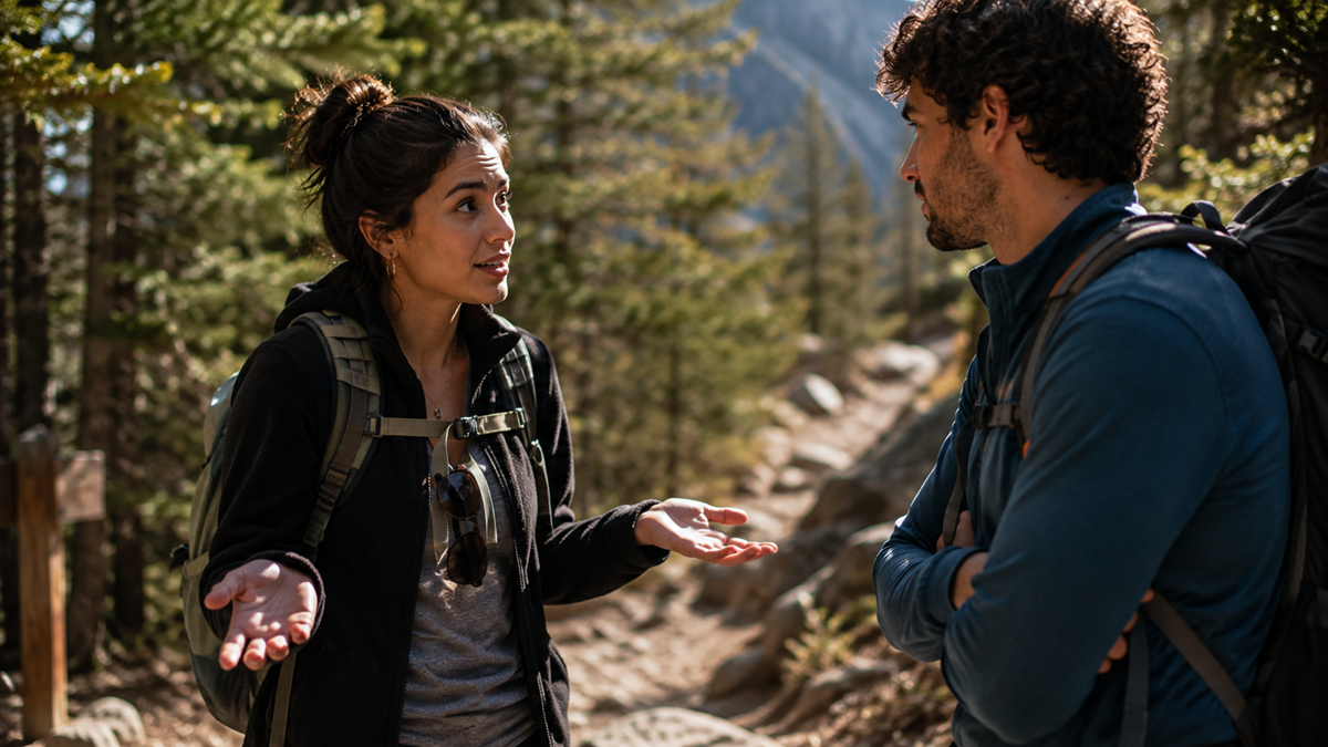 A woman and a man with backpacks talk on a forest trail. The woman gestures with her hands while the man listens with arms crossed. Sunlight filters through the trees around them.