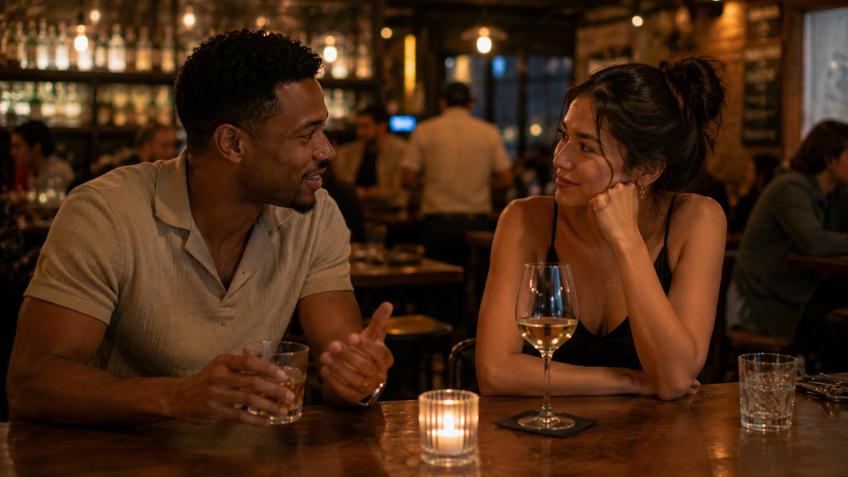 A man and woman sit at a bar, smiling and talking. Each has a drink; the man holds a glass, the woman has wine. Warm, dim lighting and a candle create a cozy, intimate atmosphere. Other patrons are in the background.