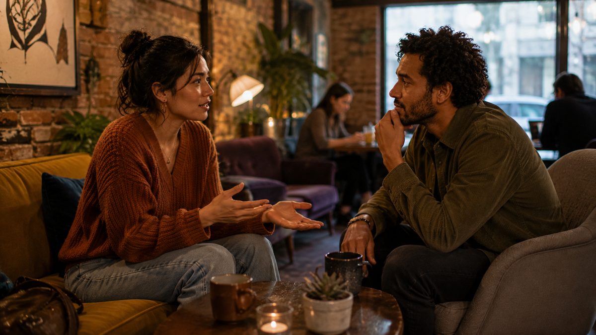 Two people sit on a couch in a cozy café, engaged in a deep conversation. They face each other with mugs on the table between them, surrounded by warm lighting, indoor plants, and brick walls.