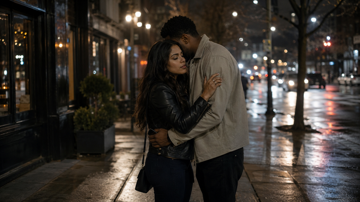 A couple shares an emotional embrace on a wet city street at night, illuminated by streetlights and storefronts.