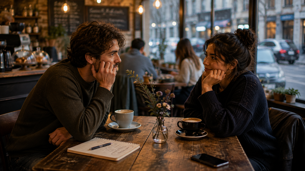 A man and woman sit across from each other in a cozy café, talking and smiling, with coffee cups, a notebook, and a phone on the wooden table between them. Other people are in the background by large windows.