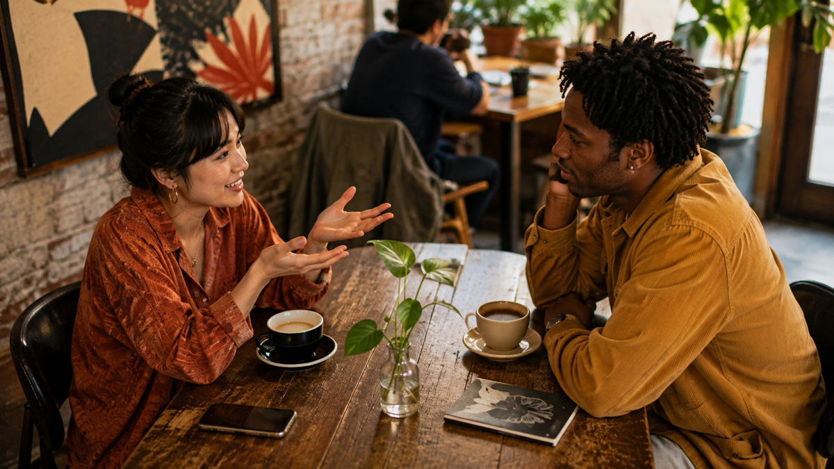 Two people sit across from each other at a wooden table in a cozy café, talking and drinking coffee. They appear engaged in conversation, with plants and art in the background.