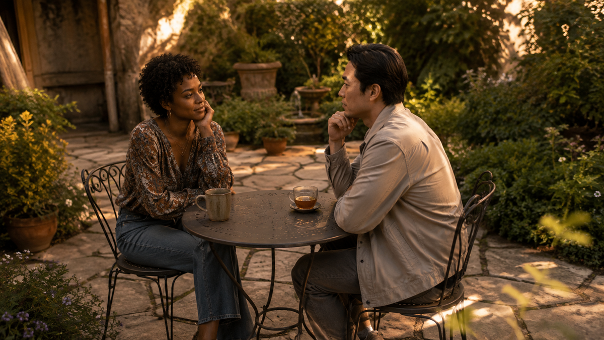 Two people sit at a small outdoor table in a garden, facing each other and talking. They each have a drink in front of them and appear relaxed and engaged in conversation.