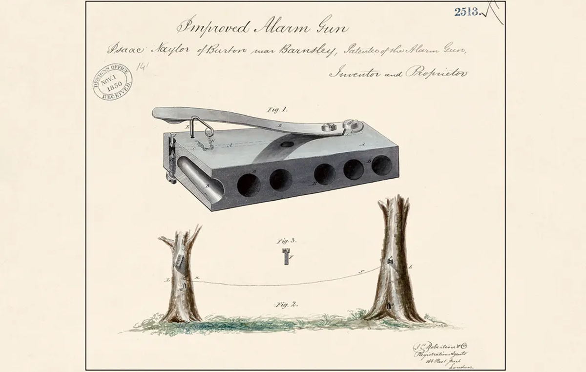 A vintage patent drawing shows a metal alarm gun and a diagram of it set between two trees, connected by a tripwire, designed to trigger when the wire is pulled.