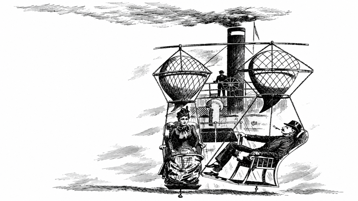 Vintage illustration of a man and woman seated on a flying contraption with large balloons and a steam-powered engine floating in the sky, with clouds overhead.