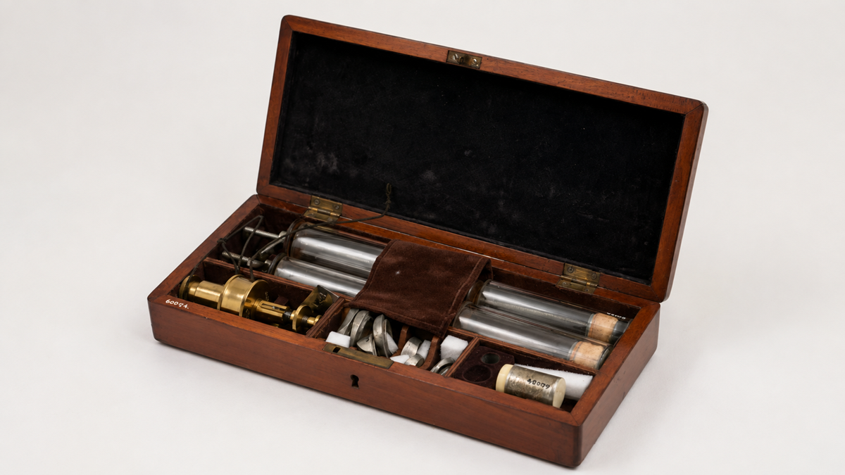 A wooden box with a hinged lid contains scientific glass tubes, brass components, and small labeled items organized in compartments, resembling an antique laboratory or medical kit.