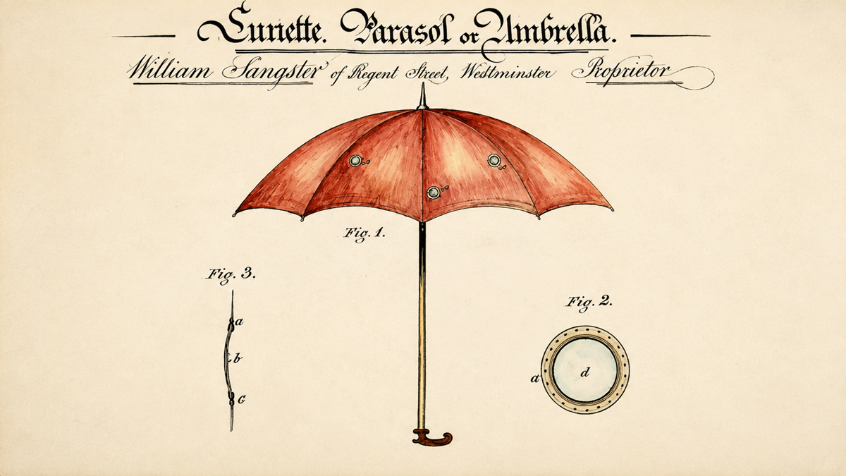 A vintage patent illustration of a red umbrella labeled “Sunette. Parasol or Umbrella.” It shows the umbrella, a cross-sectional view, and close-up details, with elegant handwritten notes and diagrams.