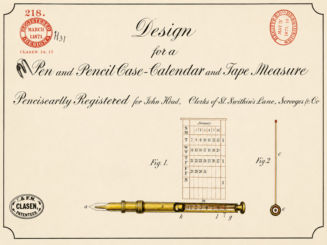 Vintage patent illustration for a pen and pencil case-calendar and tape measure, showing the case, a calendar chart, and measuring tape, with decorative text and official registration stamps.