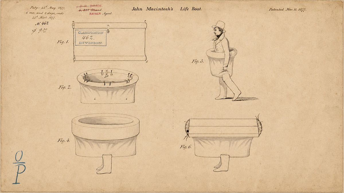 An old patent drawing shows a circular lifeboat design and a person wearing an inflatable life ring, with multiple labeled diagrams displaying various views and details of the invention.