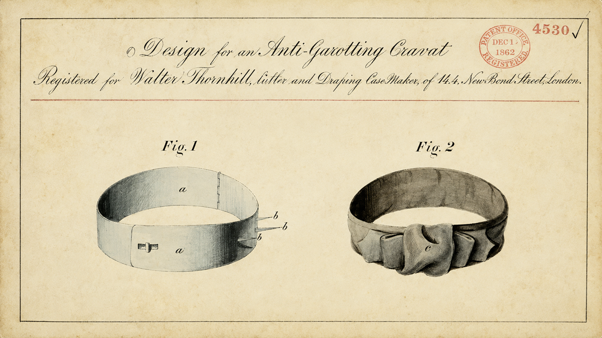 A vintage patent illustration shows two views of an “Anti-Garrotting Cravat”; one plain band with a clasp, and one ruffled cravat, both labeled with letters; patent info is handwritten above.