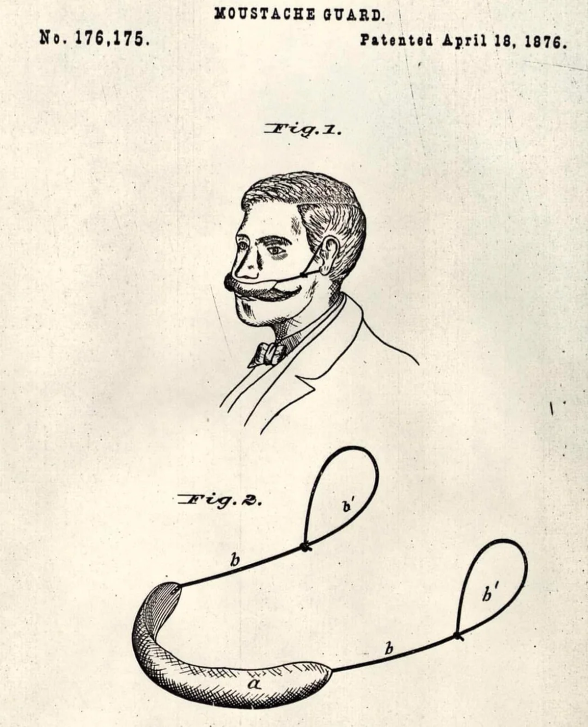 A vintage patent drawing shows a man wearing a curved moustache guard device over his upper lip, with loops around his ears. Below is a detailed diagram of the device labeled with letters.