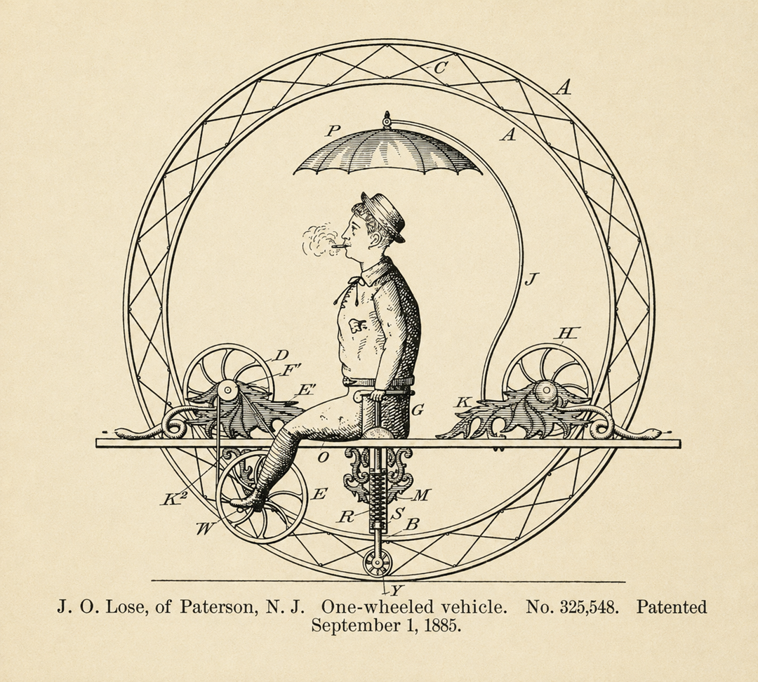 A vintage patent illustration of a man riding a one-wheeled vehicle with an umbrella, pedals, and labeled mechanical parts. Patent date: September 1, 1885.