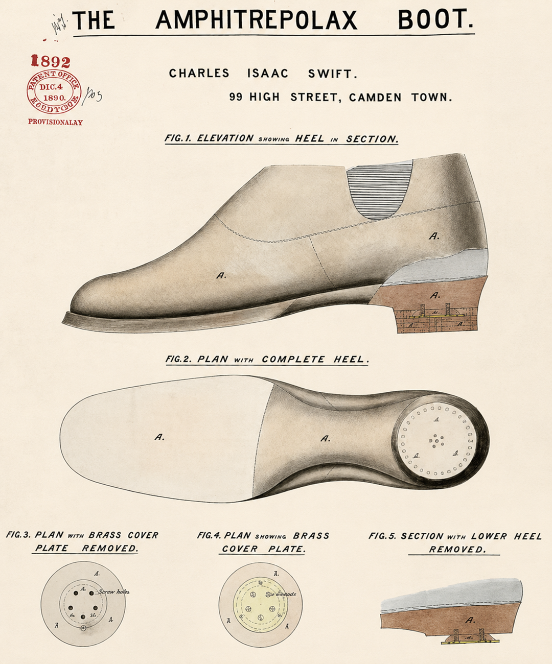 A vintage patent drawing shows an elegant shoe with labeled cross-sections and diagrams highlighting a removable brass heel cover and compartment, invented by Charles Isaac Swift in 1892.