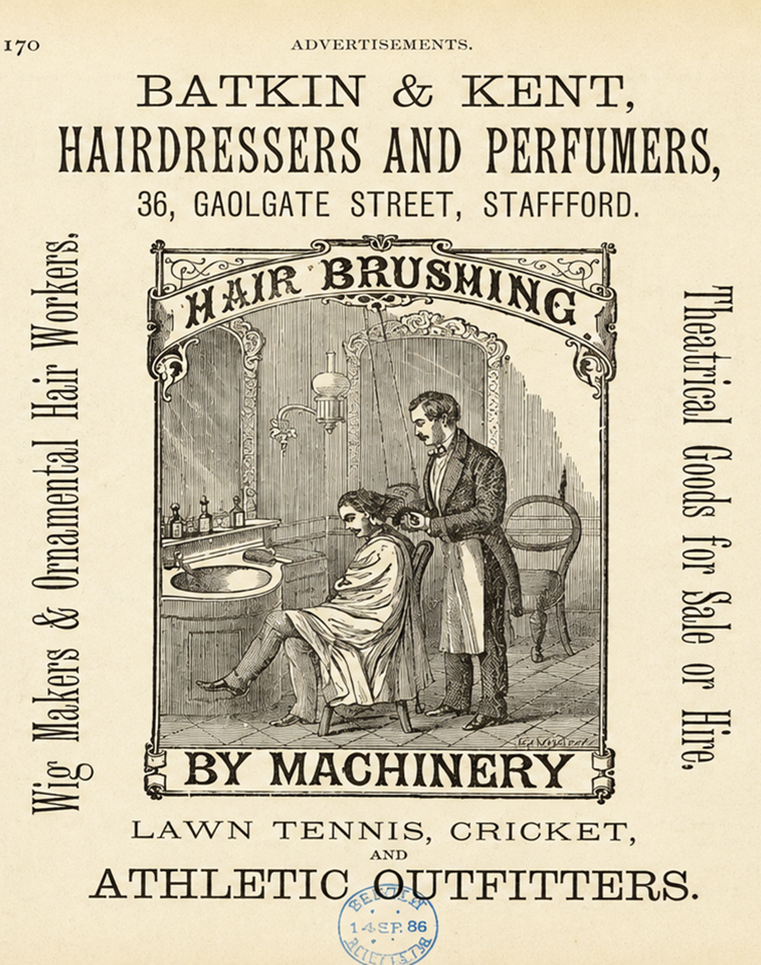 Victorian-era ad showing a man using a machine to brush a seated woman’s hair. Surrounded by ornate text promoting hairdressers, wigs, theatrical goods, and athletic outfitters. Black and white illustration.
