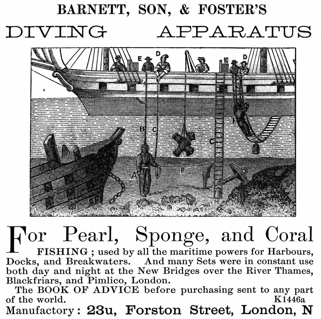 Victorian-era illustration of divers using air hoses, descending from a ship into the water. Text advertises Barnett, Son, & Foster’s diving apparatus for harvesting pearls, sponges, and coral, with company address listed.