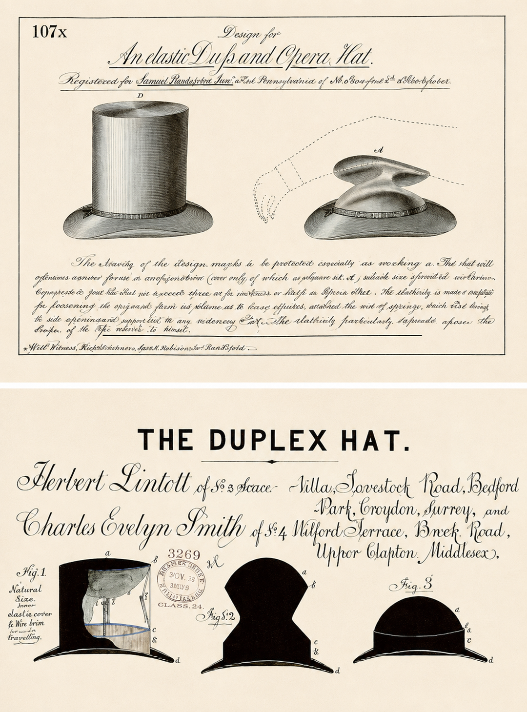 Two vintage patent illustrations: the top shows a collapsible top hat; the bottom displays diagrams of “The Duplex Hat,” with inventor names and addresses printed in ornate lettering below the hat diagrams.