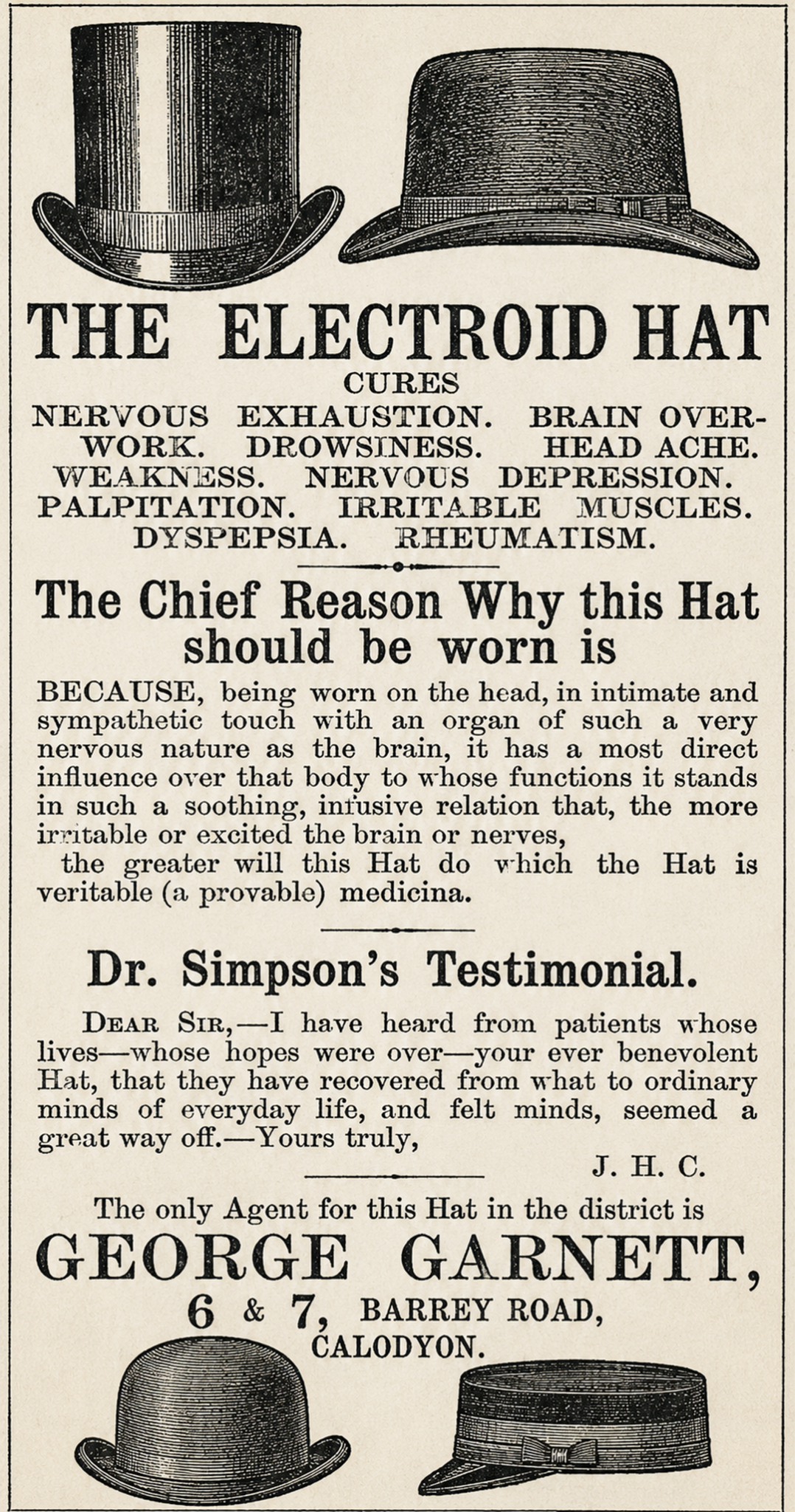 A vintage advertisement showing illustrations of hats, promoting the “Electroid Hat,” which claims to cure various ailments like nervousness and rheumatism. The ad includes a testimonial and contact info for George Garnett.