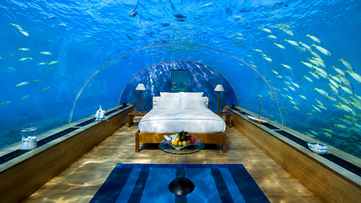 A luxurious underwater hotel room with a bed and a glass ceiling, surrounded by water and swimming fish, creating an immersive ocean view.