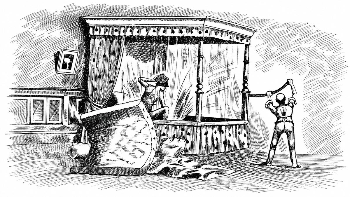 A person hides in a four-poster bed as another figure pulls down the bed curtains forcefully. Furniture is overturned and a picture hangs on the wall. The scene appears chaotic and tense.