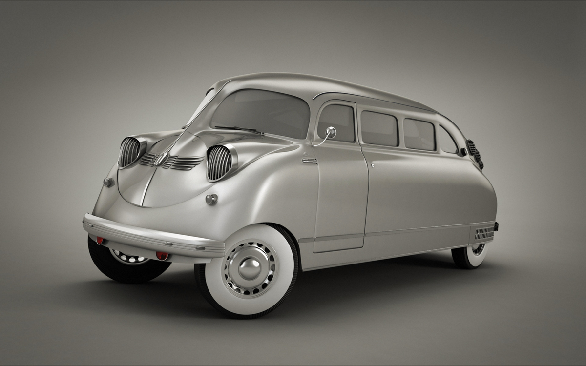 A vintage, silver, three-wheeled car with a rounded, aerodynamic design, prominent headlights, and smooth, retro styling is shown against a plain gray background.
