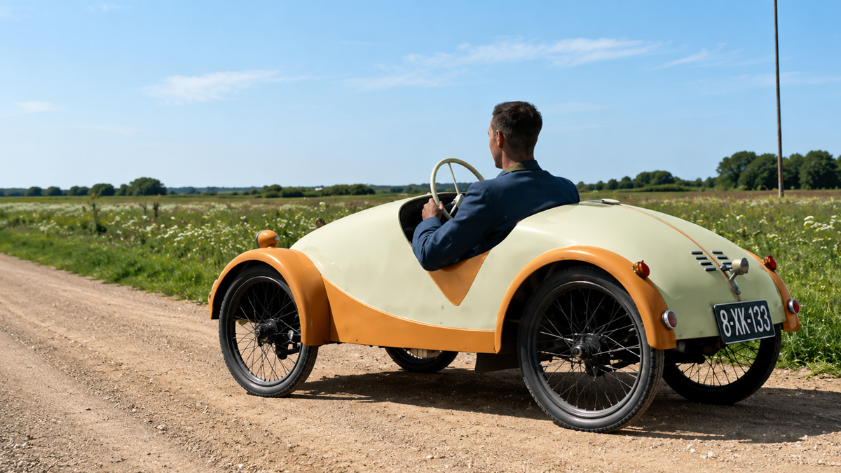 A man in a vintage, three-wheeled car drives on a rural dirt road, surrounded by green fields under a blue sky.