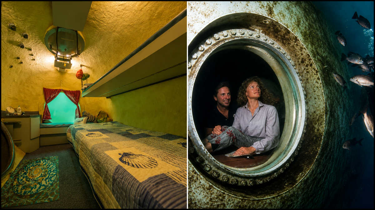 Split image: Left shows a cozy, submarine-like bedroom with a porthole window and bunk beds. Right shows two people inside, looking out a round window at fish swimming outside.