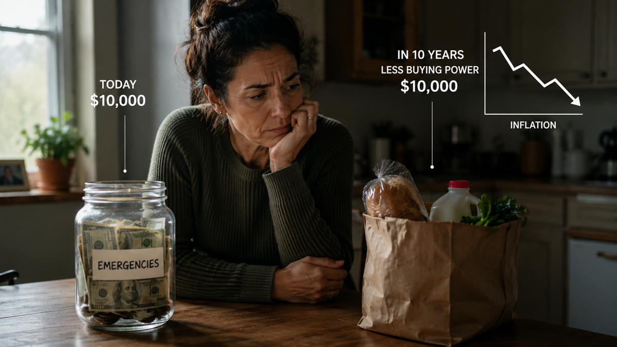 A worried woman looks at a jar labeled “Emergencies” with $10,000 inside and a paper bag of groceries, next to a graph showing $10,000 losing value over 10 years due to inflation.