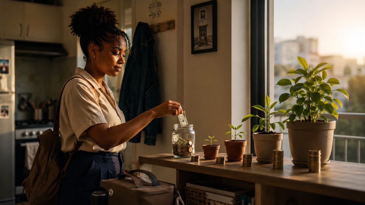 A woman places cash into a jar filled with money on a wooden table with potted plants, coins, and sunlight streaming through a window in a cozy home setting.