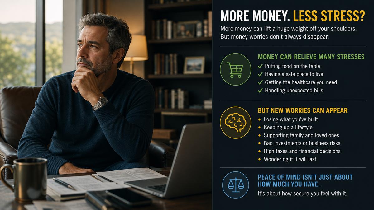 A thoughtful man sits at a desk with papers and a laptop. Infographic explains how more money can relieve stress but also bring new worries, and highlights peace of mind depends on feeling secure.