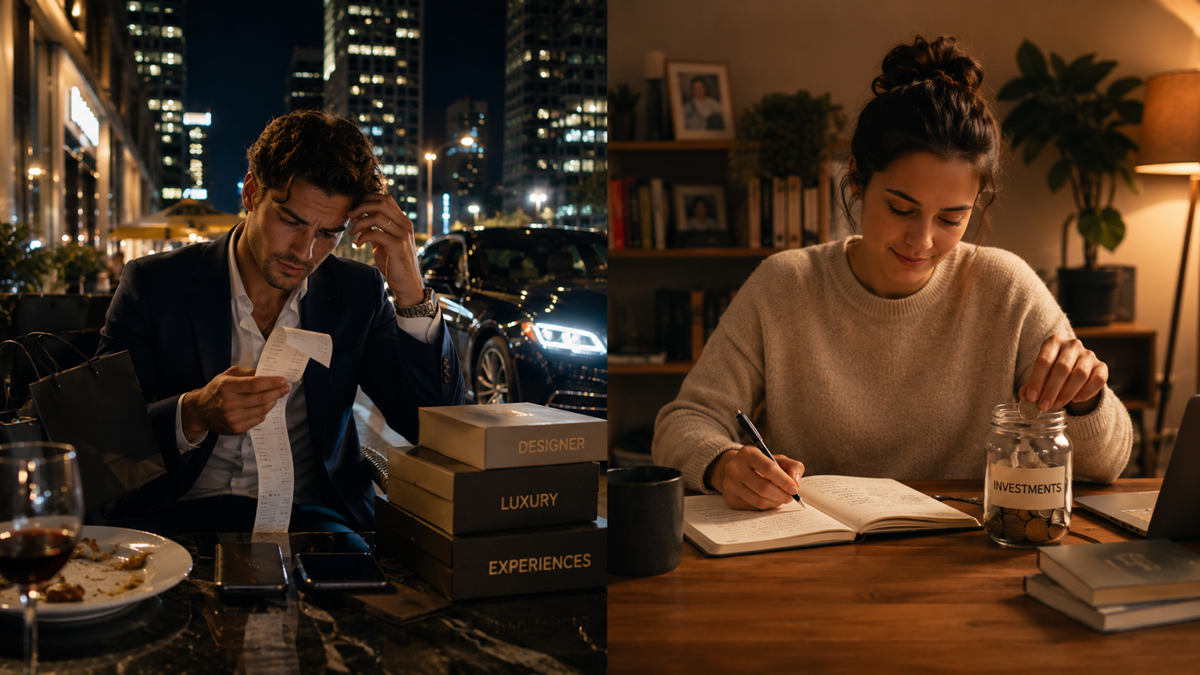 Split image: Left, a man looks stressed, reviewing receipts at a city restaurant with shopping bags beside him. Right, a woman sits at a cozy desk, smiling while writing in a notebook and adding coins to an “Investments” jar.