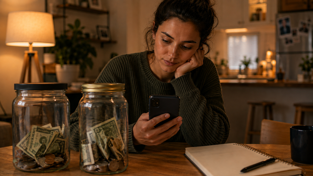 A woman sits at a table with jars of cash and coins, looking at her phone. A notepad and pen are beside her, and the background shows a warmly lit kitchen.