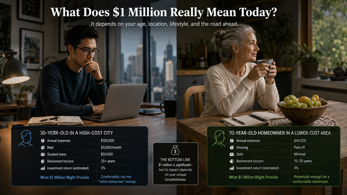 A young man in a city apartment reviews finances, while an older woman enjoys coffee in a cozy home. Text compares how $1 million impacts their annual expenses and retirement comfort depending on location and age.